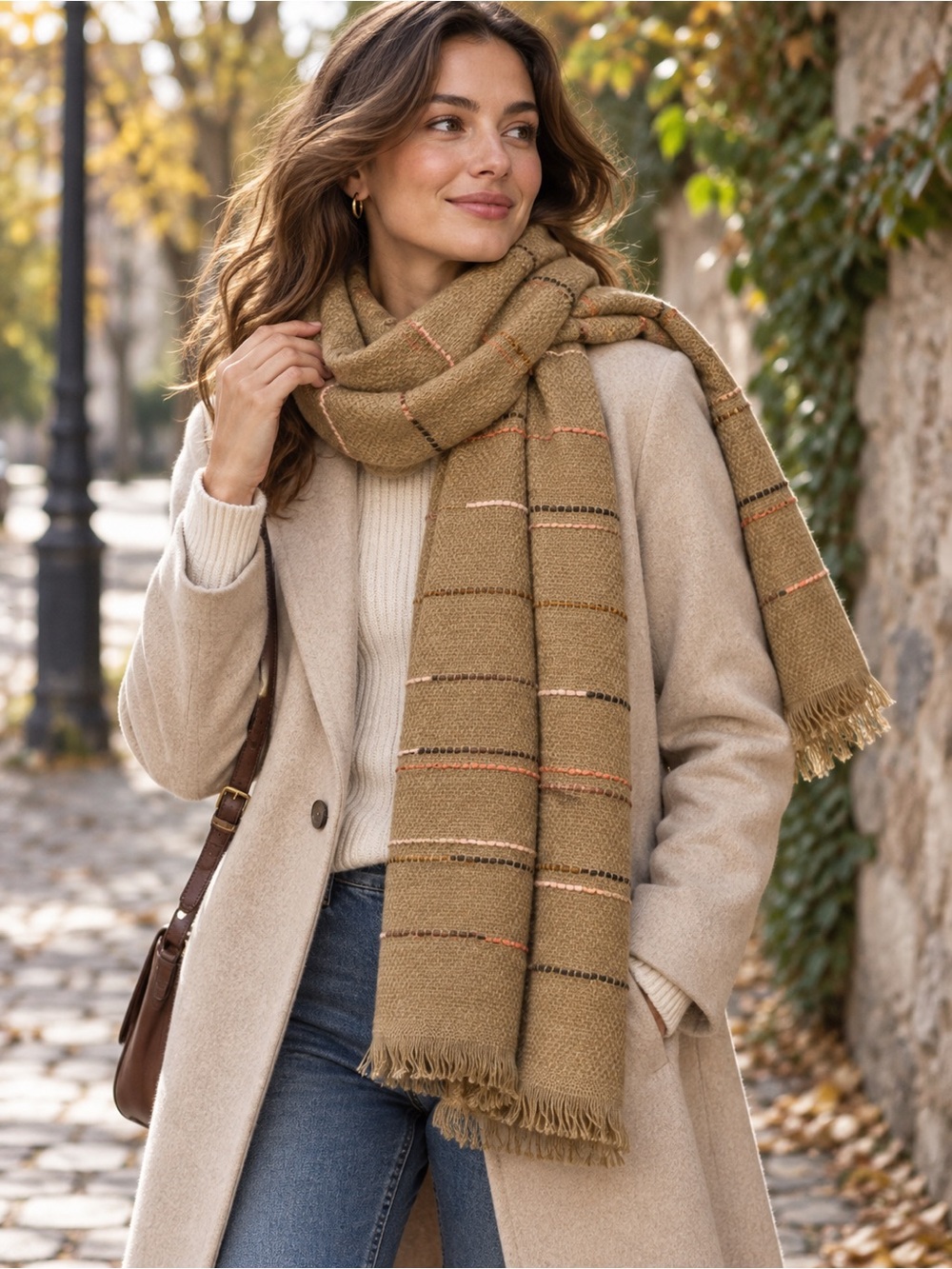 🆕 NWT Women’s Oversized Soft Woven Camel Scarf Multicolor Stripes 34” x 72”